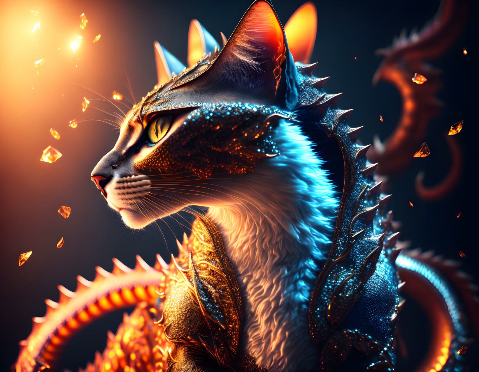 Majestic feline creature in golden armor with glowing eyes