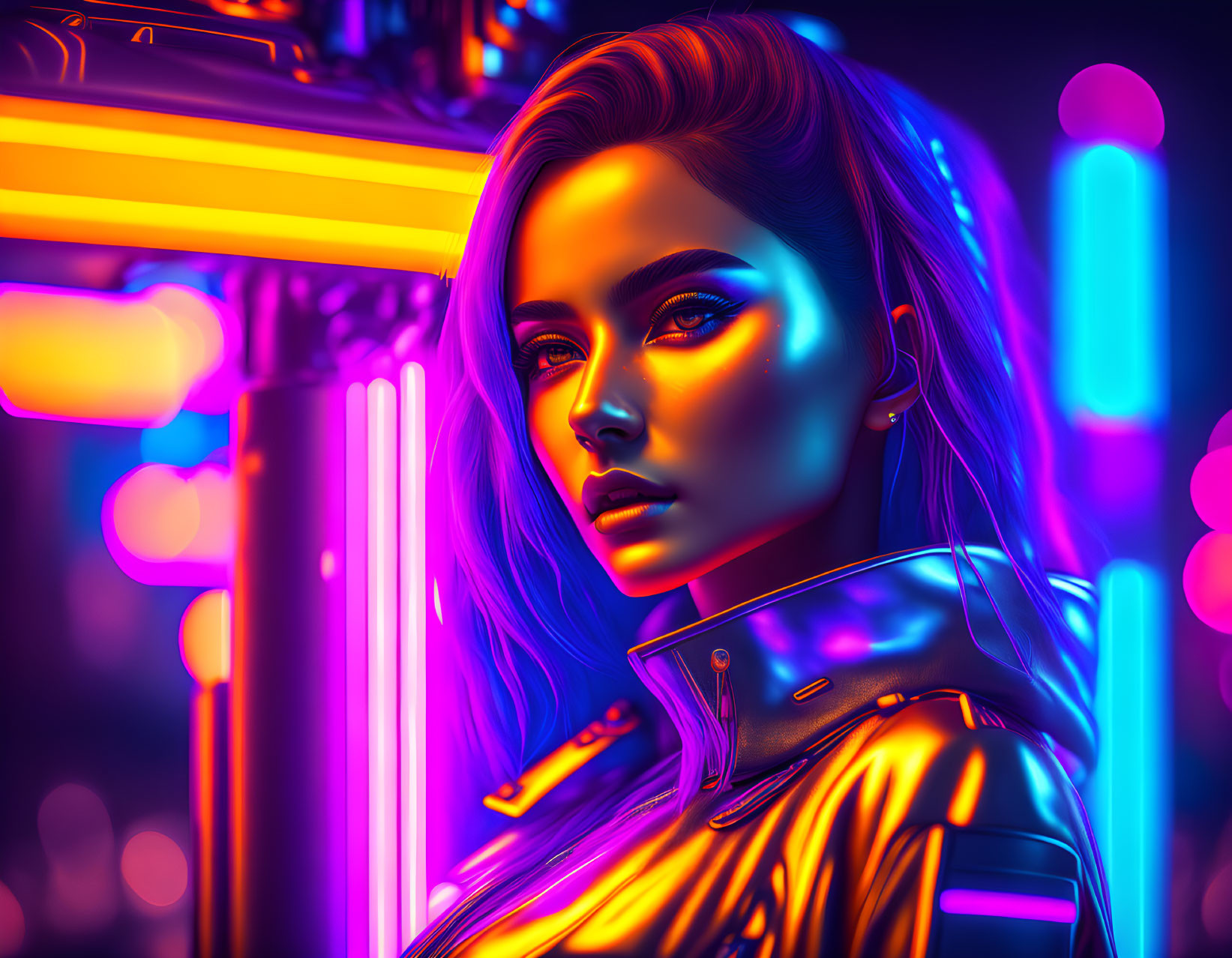 Stylized portrait of a woman illuminated by vibrant neon lights