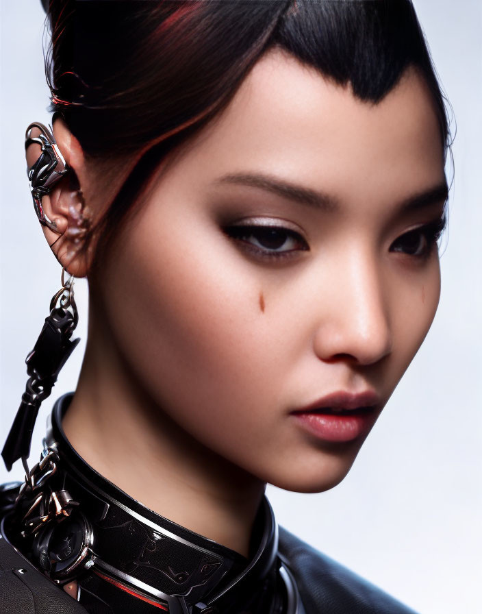 Detailed Close-up of Person with Bold Eye Makeup and Beauty Mark in Black Harness and Chain Accessories