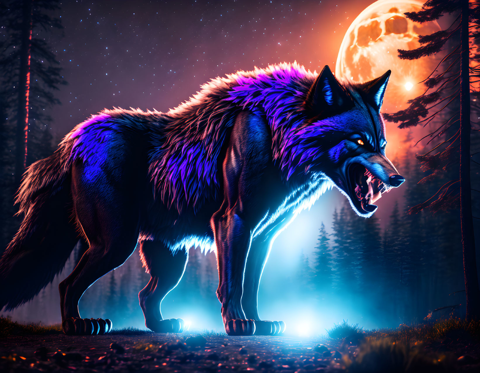 Snarling wolf under full moon in mystical forest setting