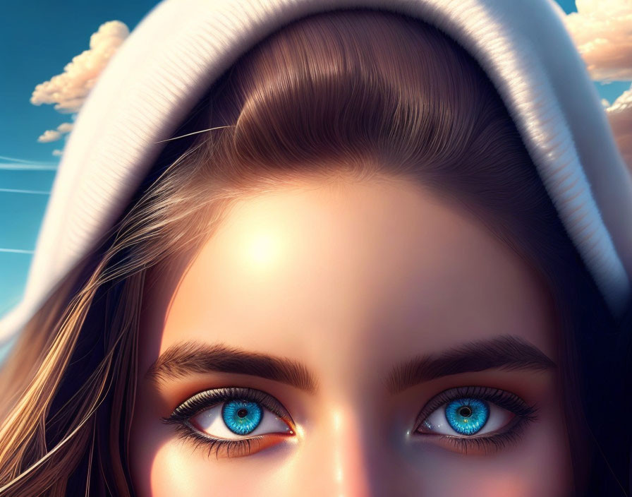 Illustrated person with blue eyes in hood against blue sky