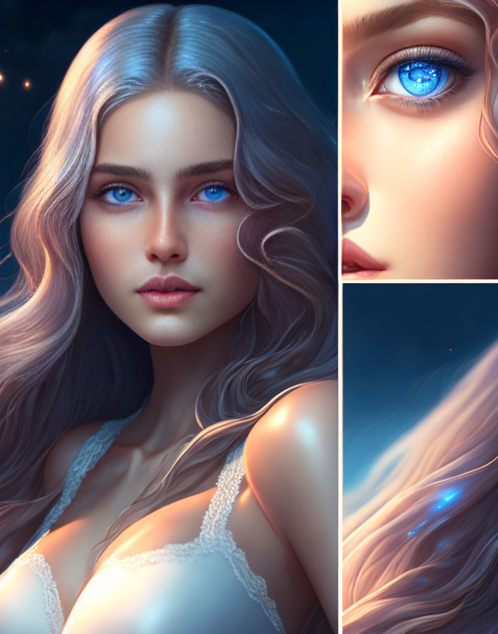 Digital triptych artwork of woman with striking blue eyes and flowing hair.