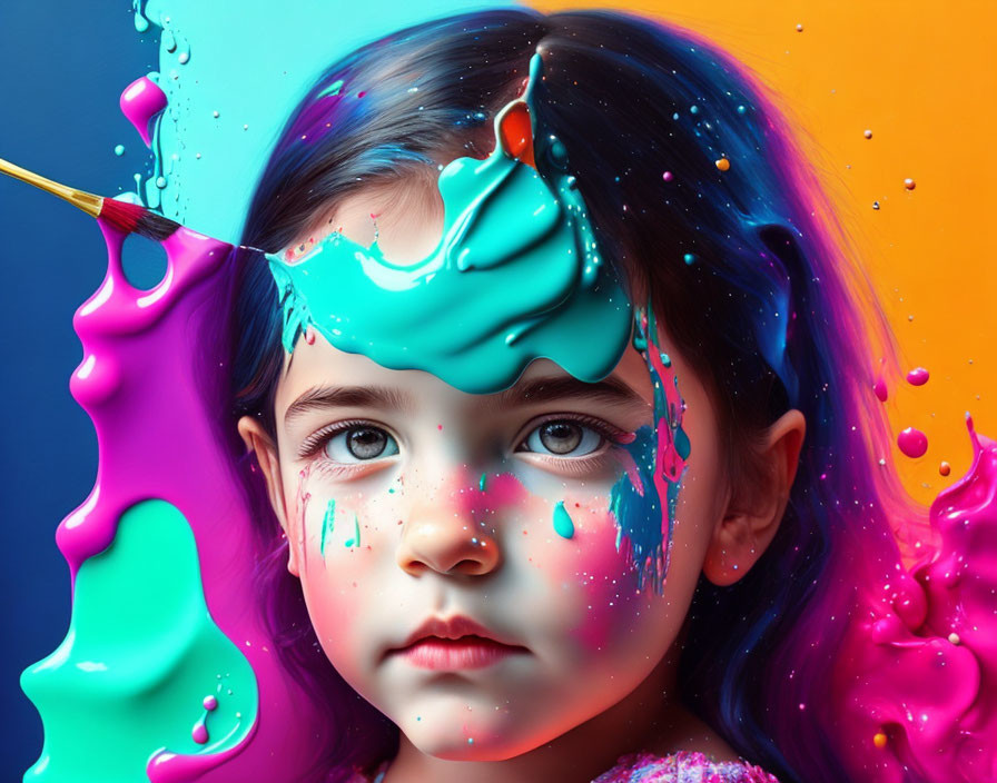 Colorful paint splashes on girl's face and hair with paintbrush on blue and orange background