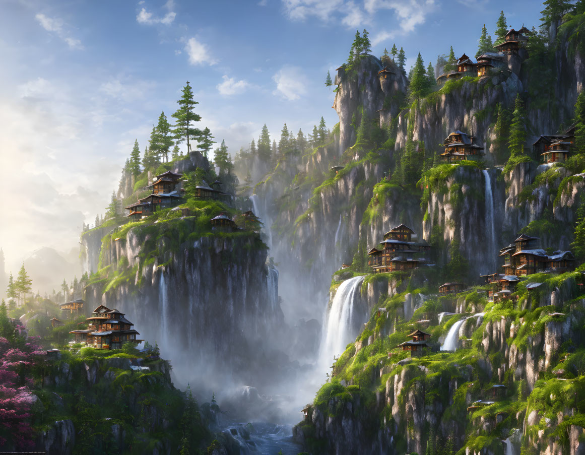 Lush Greenery and Waterfalls in Fantasy Landscape