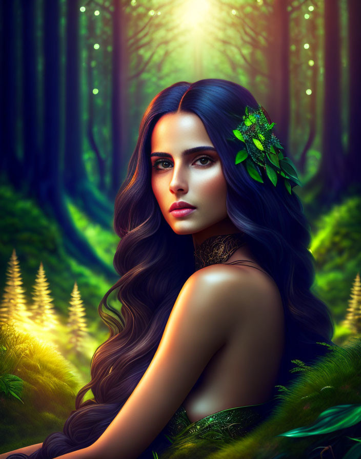 Woman with long hair and green leaves in magical forest with glowing trees.