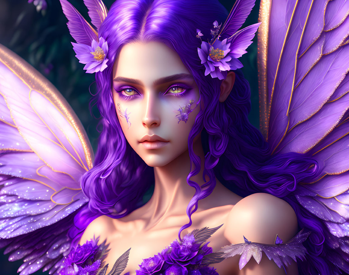 Fantasy digital art of female character with purple hair, violet eyes, butterfly wings