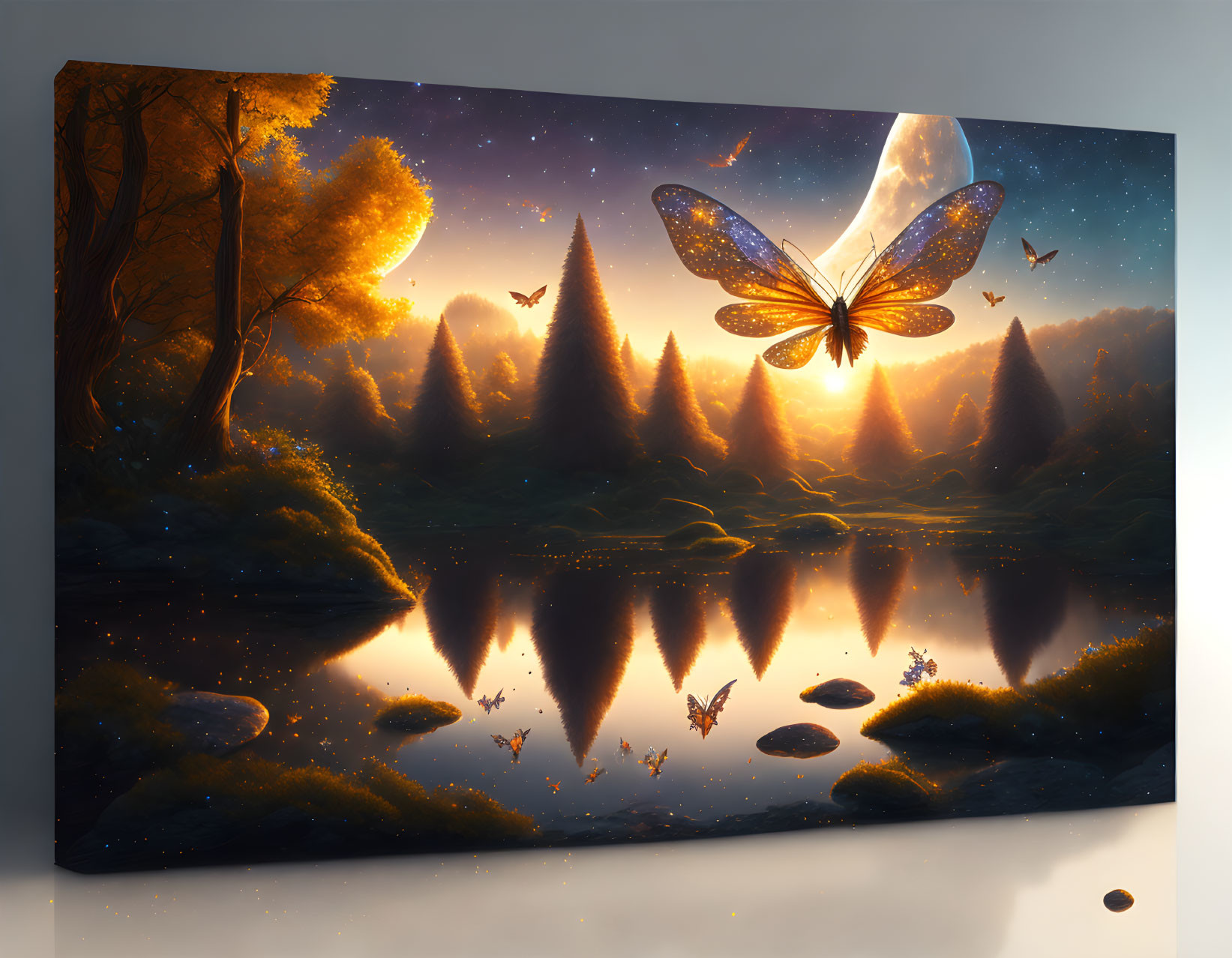 Fantastical landscape painting: serene lake, starry sky, glowing butterfly