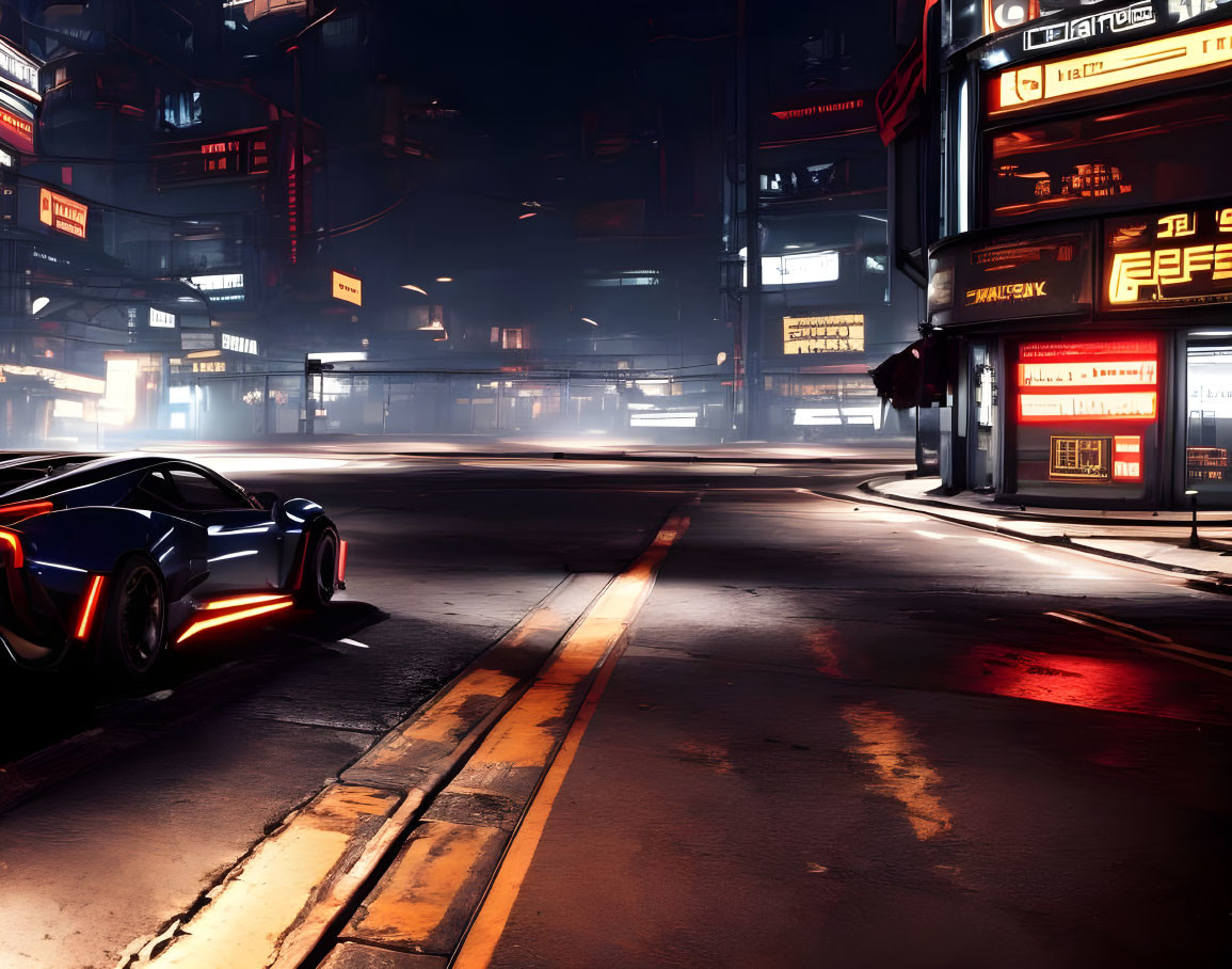 Futuristic car with red lights in neon-lit cityscape