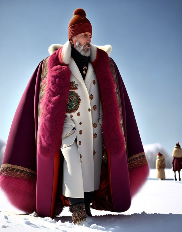 Regal figure in red and white fur-trimmed cloak on snowy landscape