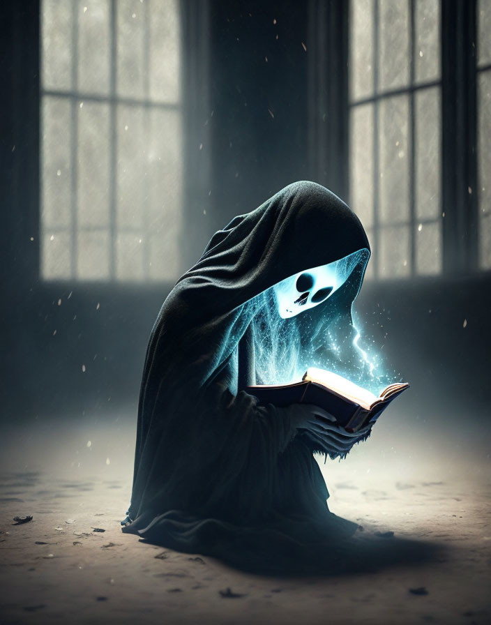 Hooded figure with glowing skull face reading book in dusty room