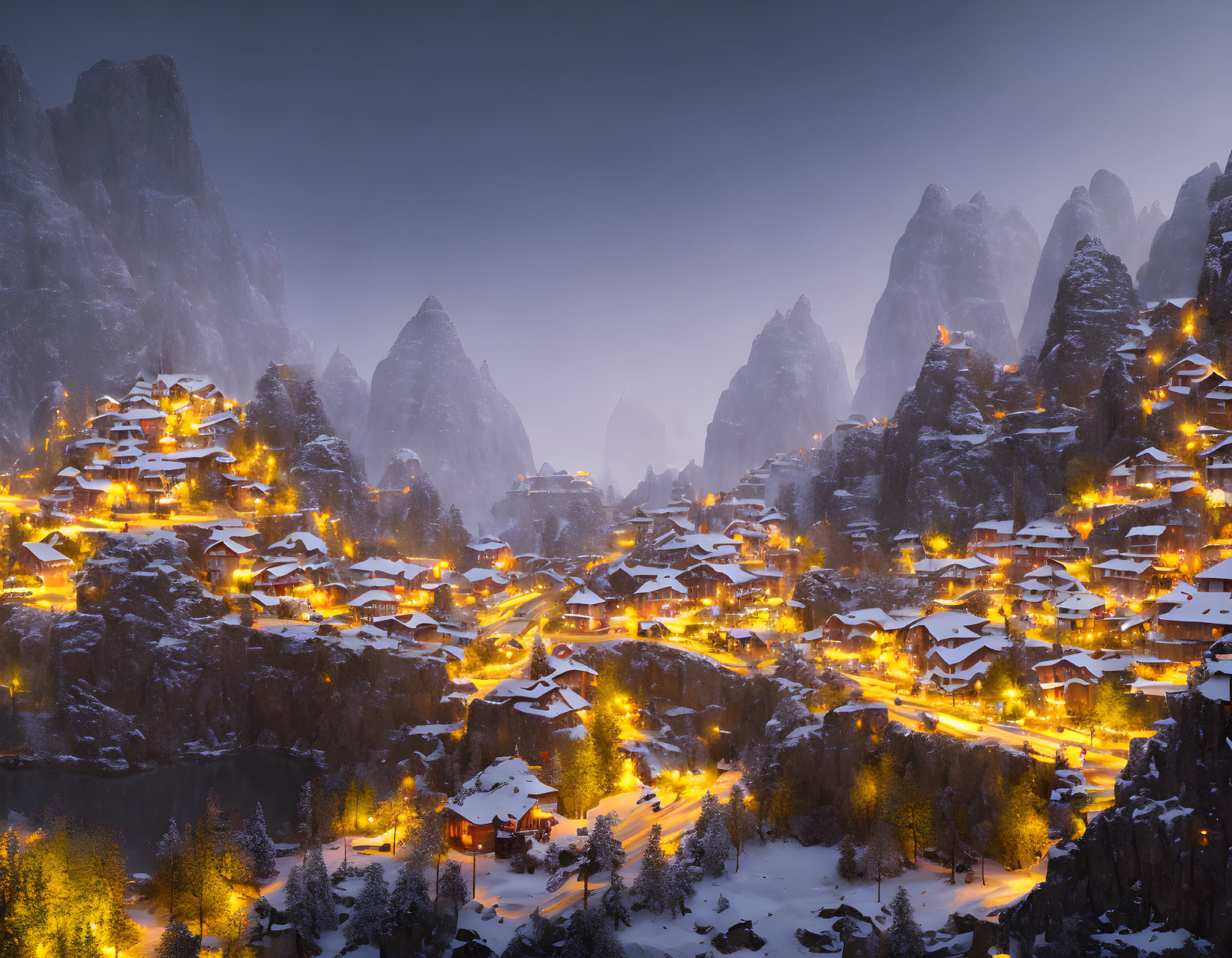 Snow-covered mountain village at twilight with warm lights and mist-covered peaks