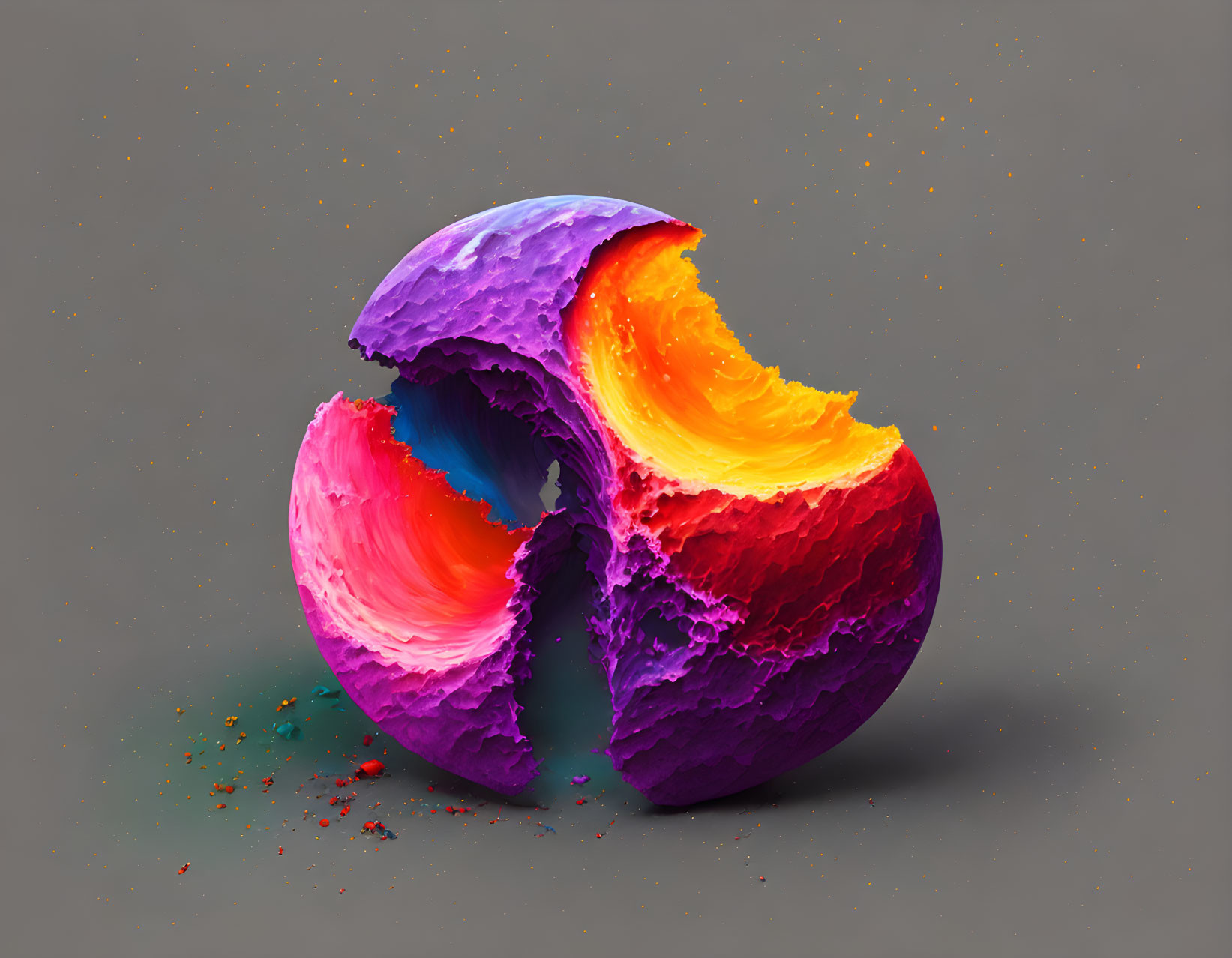 Colorful Abstract Cracked Sphere Artwork in Purple, Pink, Orange, and Yellow