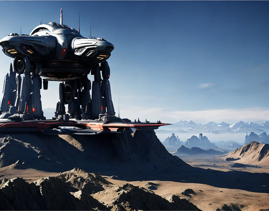 Futuristic spaceship on barren rocky terrain with mountains under clear blue sky