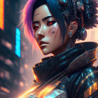 Futuristic female figure with neon hair and cybernetic enhancements