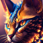 Colorful digital artwork: stylized cat with golden adornments, orange and blue fur