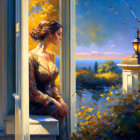 Vintage-dressed woman by open window overlooking sea view with vibrant flowers and lantern.