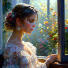 Young girl in white dress with flowers in hair gazes through sunny window