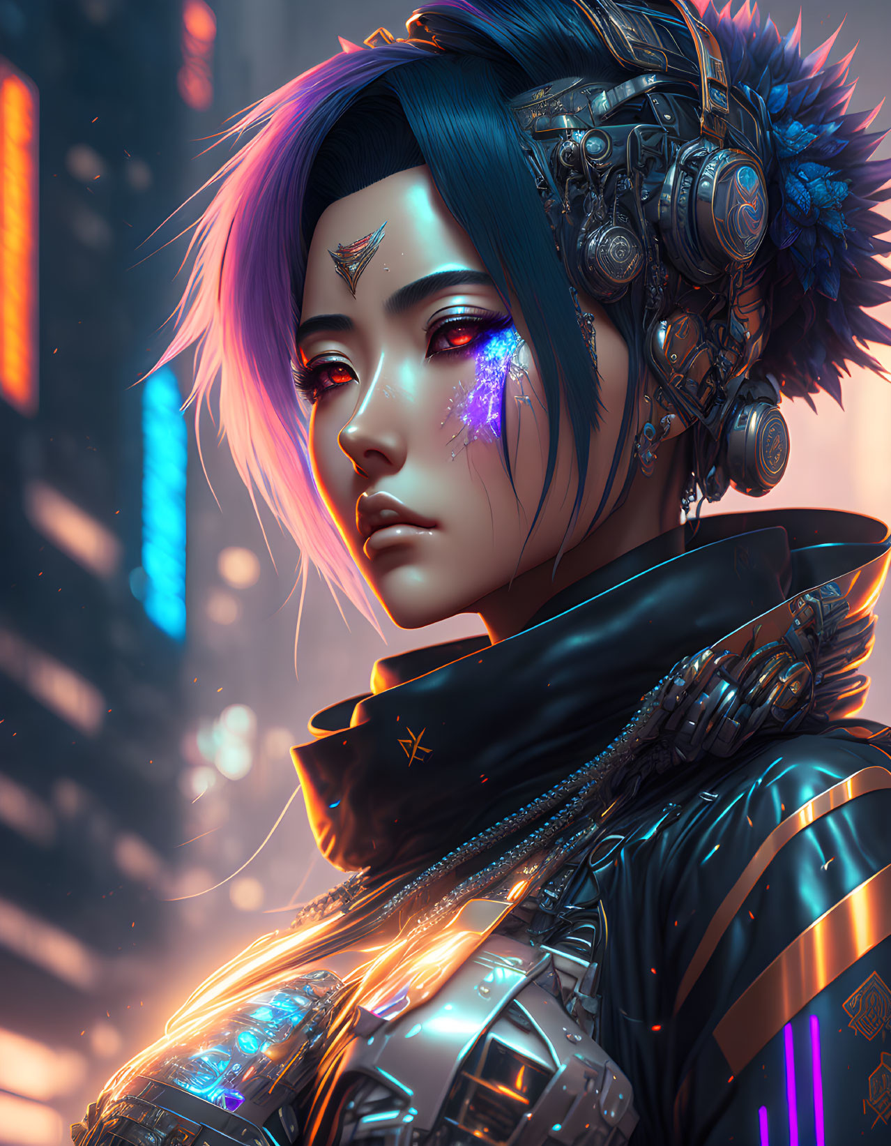 Futuristic female figure with neon hair and cybernetic enhancements