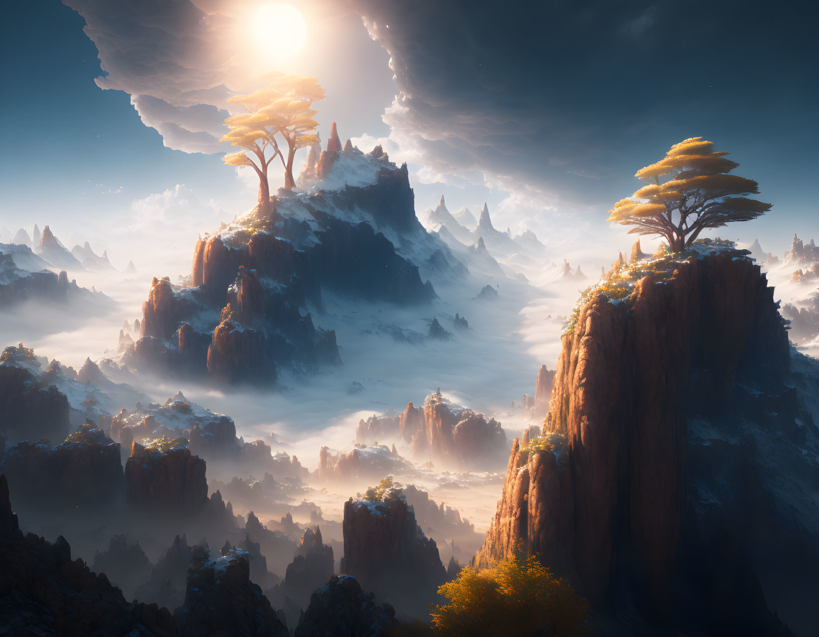 Majestic landscape with towering mountains, isolated cliffs, and serene sun.