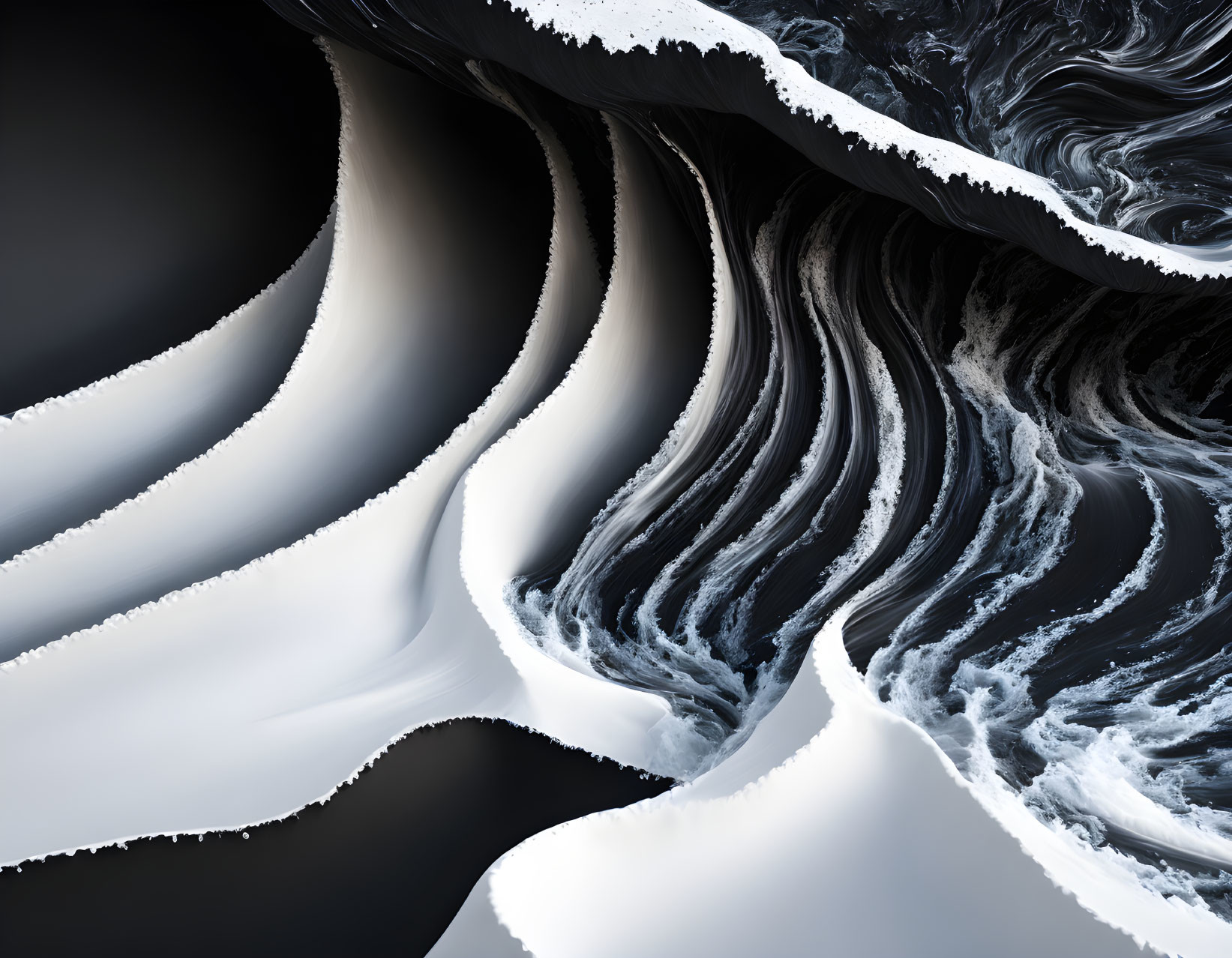 Monochromatic digital art: Fluid waves and swirls in black and white