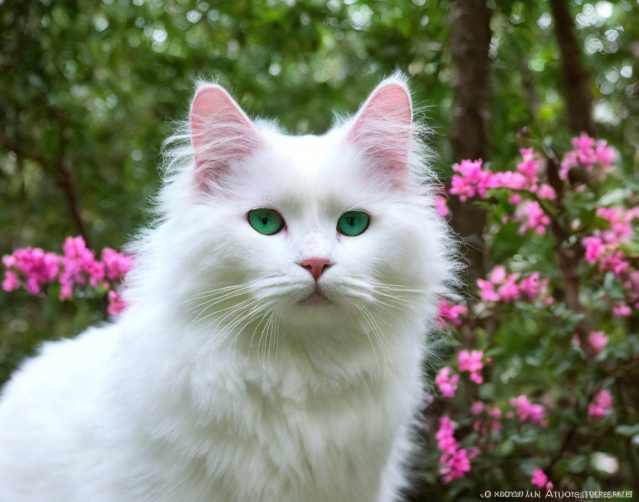 Fluffy white cat with green eyes in front of pink flowers