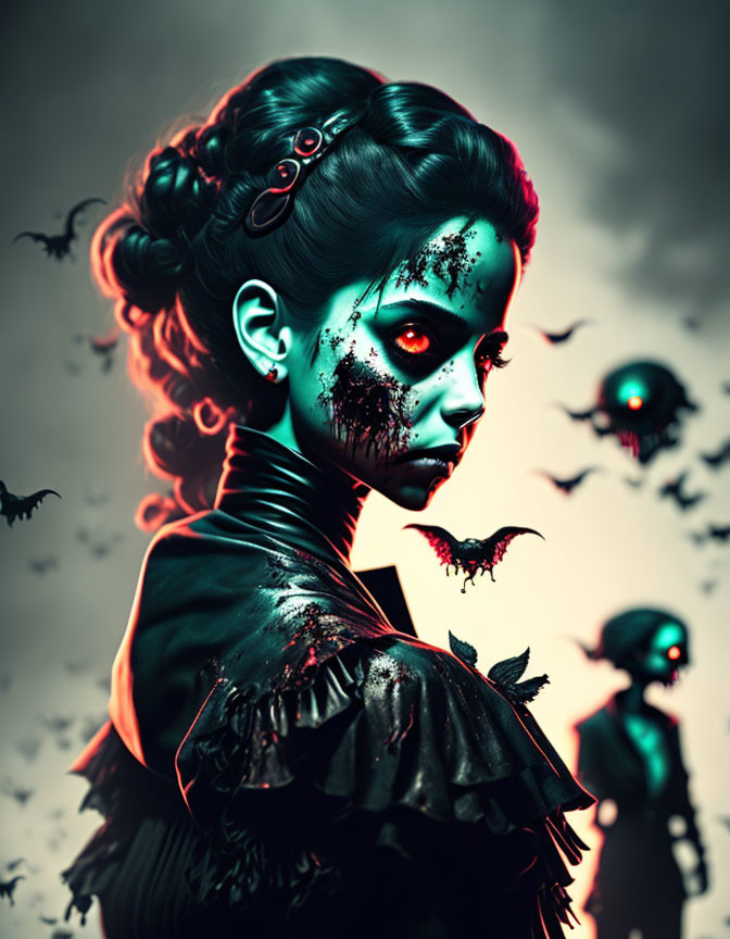 Stylized portrait of woman with greenish skin and dramatic makeup surrounded by bat-like creatures on dark