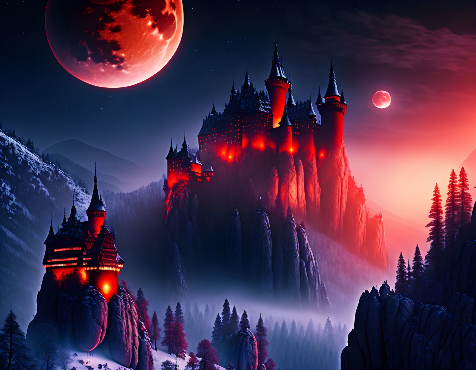 Majestic red-lit castle on rocky cliffs under red moonlit sky