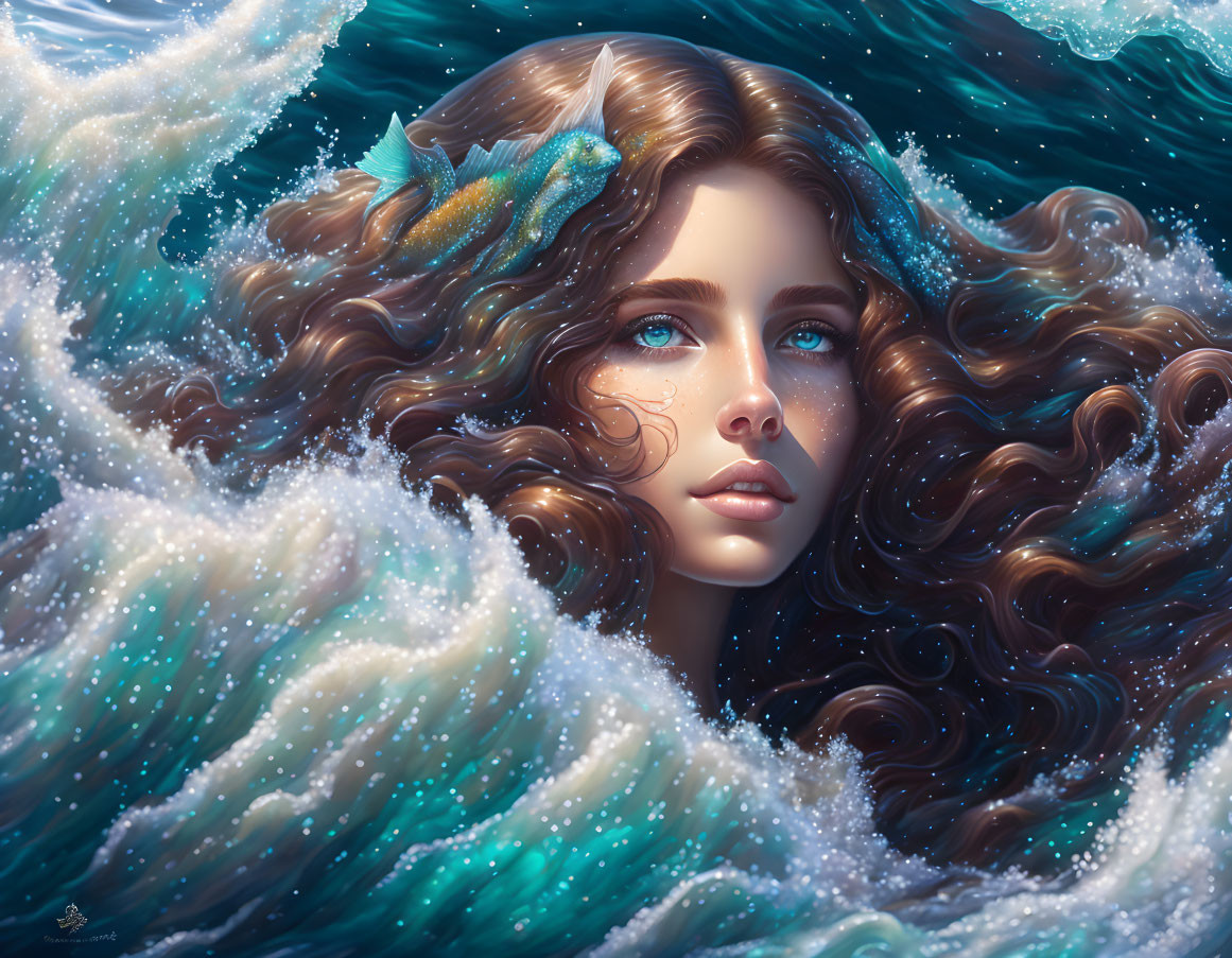 Digital artwork: Woman's face in water with wavy hair and fish, blue and brown tones