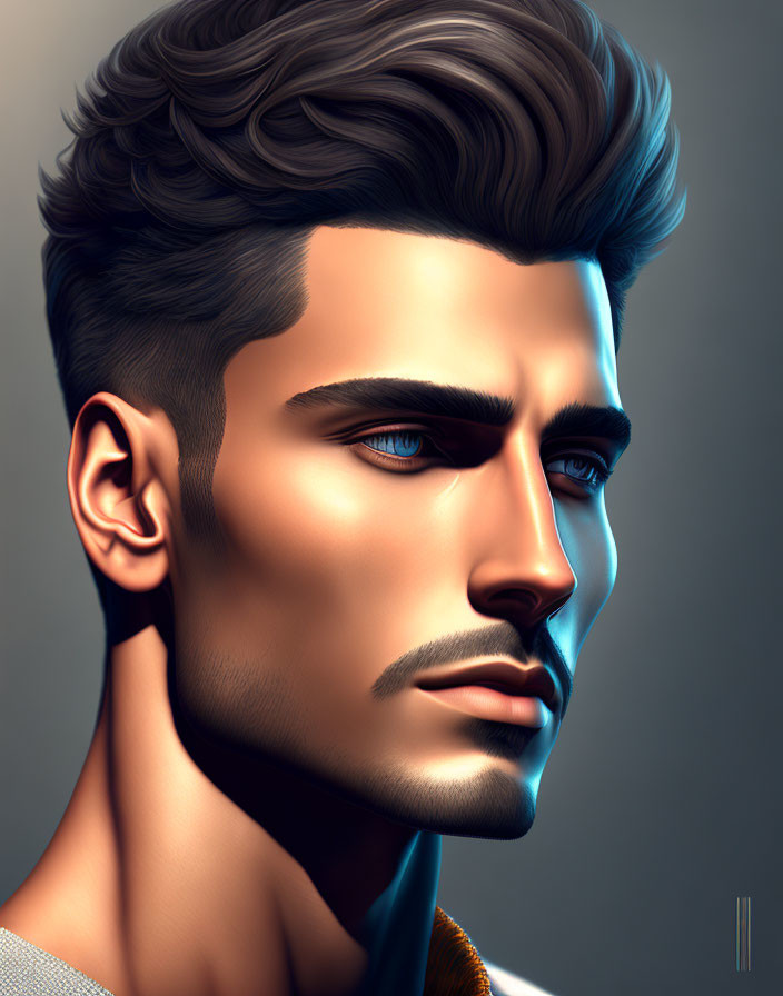 Stylized man with modern hairstyle and intense gaze in digital artwork