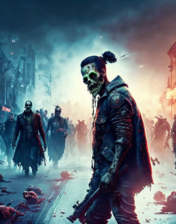 Post-apocalyptic zombies in tattered clothing led by glowing skull-faced figure