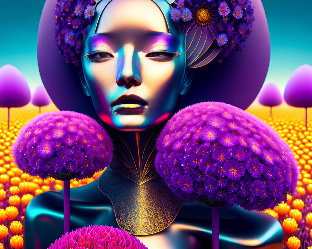 Colorful Digital Artwork: Stylized Woman in Surreal Purple Flora