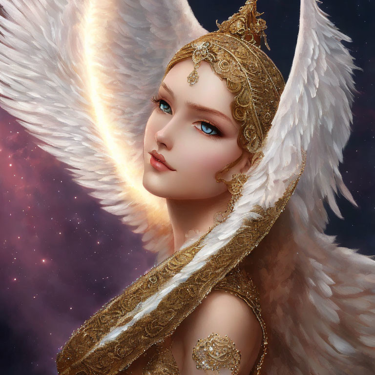 Golden-winged angel in celestial night sky with ornate jewelry