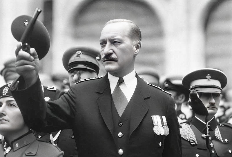 Vintage black and white photo of military officers with a leader raising hand symbolizing authority