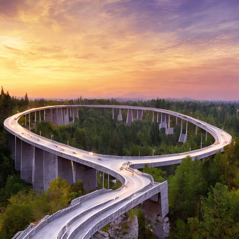 Curved Road Bridge in Forest Landscape at Sunset