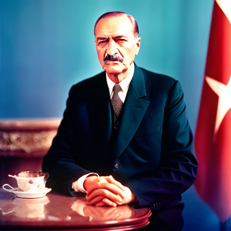 Man in suit with mustache at table with tea, blue background, Turkish flag