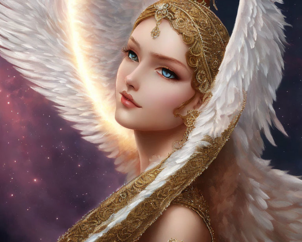 Golden-winged angel in celestial night sky with ornate jewelry