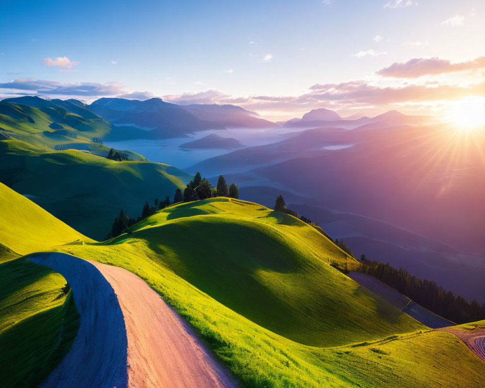 Scenic dirt road winding through green hills with mountains and sunrise.