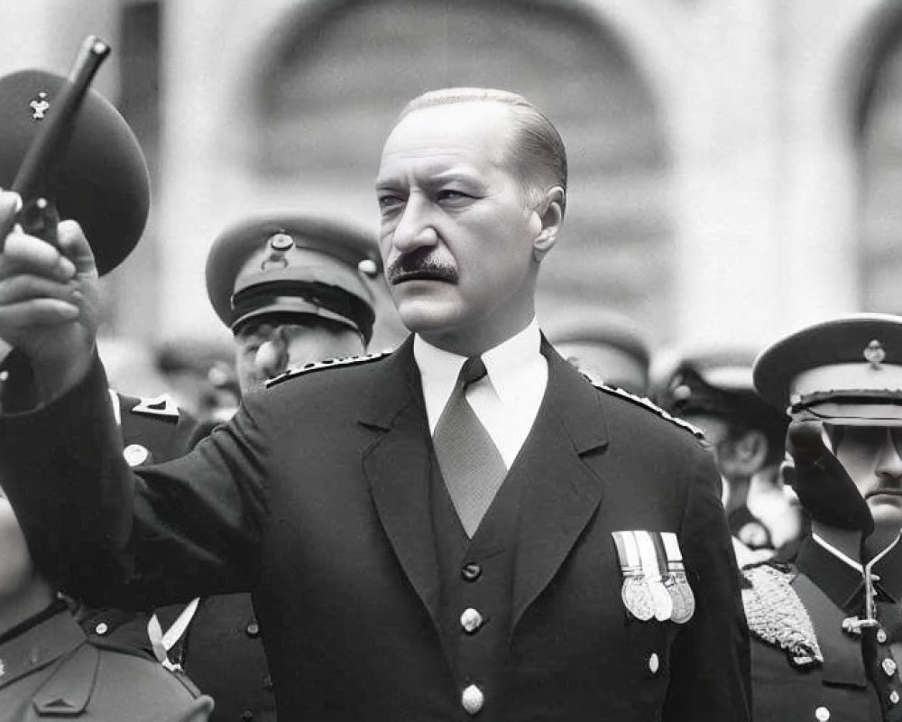 Vintage black and white photo of military officers with a leader raising hand symbolizing authority