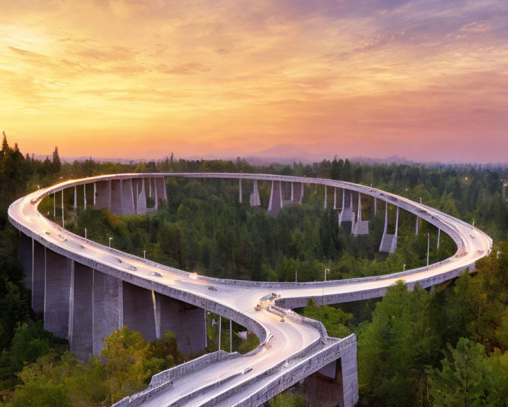 Curved Road Bridge in Forest Landscape at Sunset