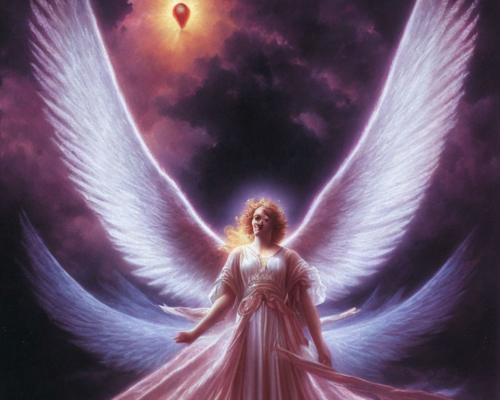 Celestial eclipse with angelic figure and white wings