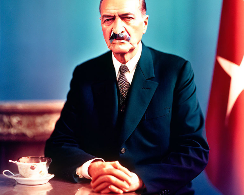 Man in suit with mustache at table with tea, blue background, Turkish flag