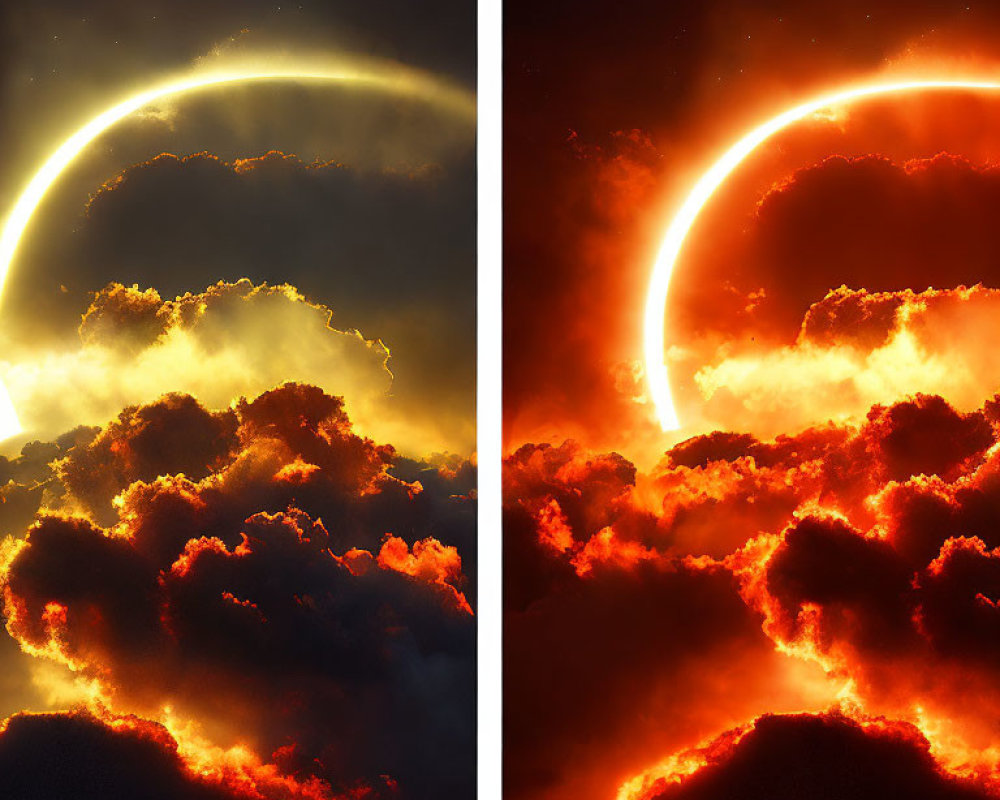 Solar Eclipse with Sun's Crescent above Dark Clouds in Fiery Hues