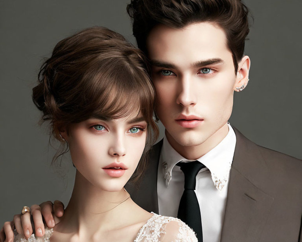 Fashionable man and woman showcase elegant style and flawless hair in close pose.