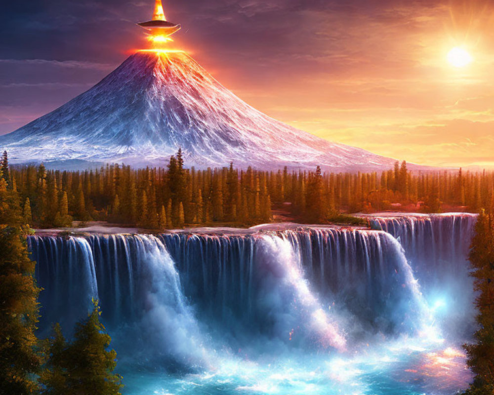 Surreal landscape with luminous waterfall, forest, and glowing volcano