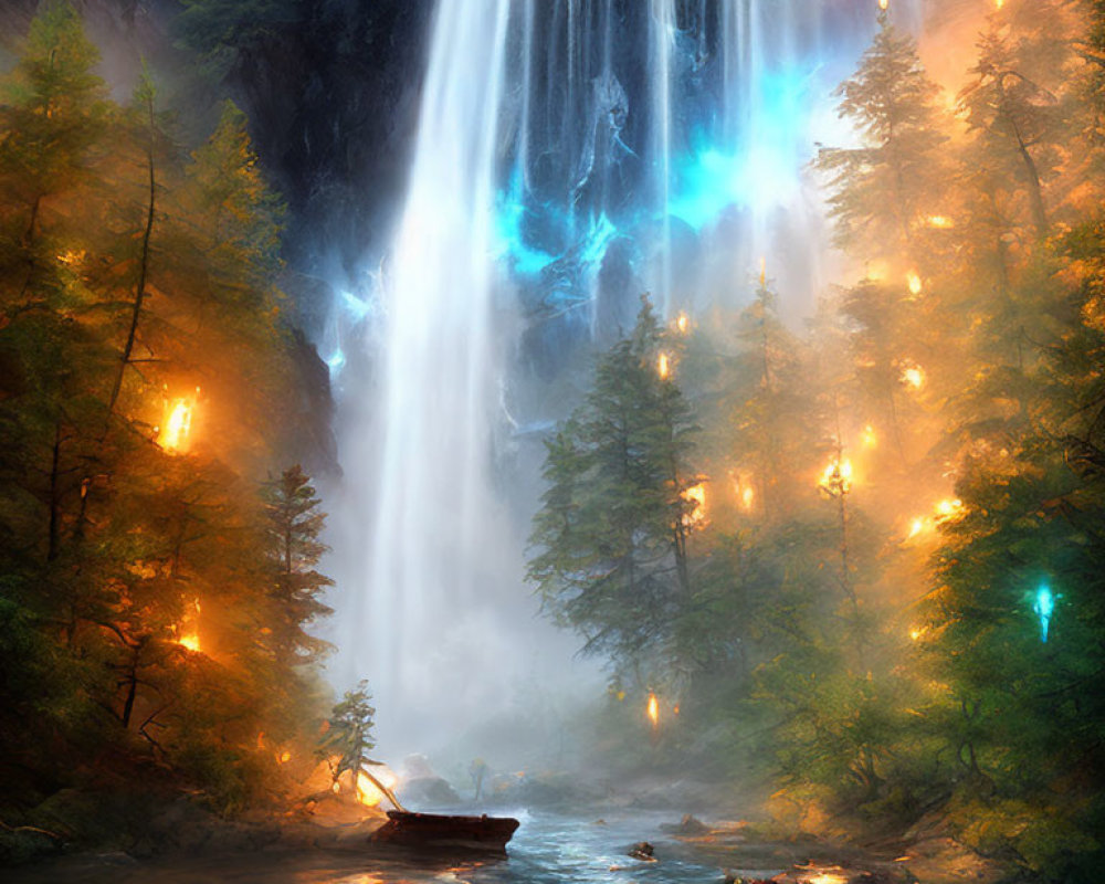 Enchanted forest with mystical glowing blue waterfall