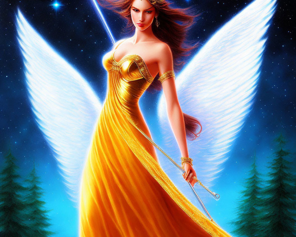 Angelic figure with golden dress and wings against starry sky.