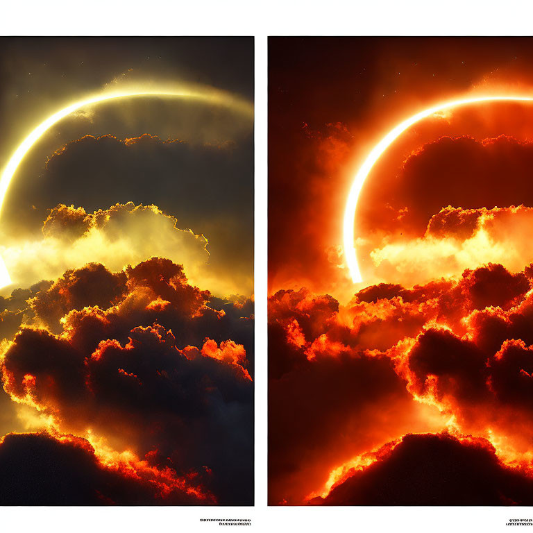 Solar Eclipse with Sun's Crescent above Dark Clouds in Fiery Hues