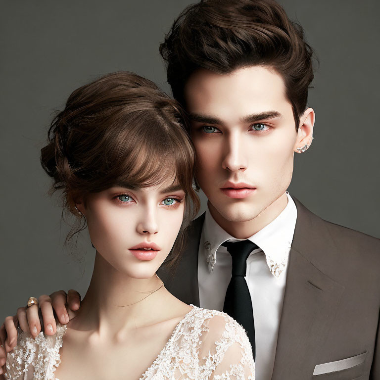 Fashionable man and woman showcase elegant style and flawless hair in close pose.