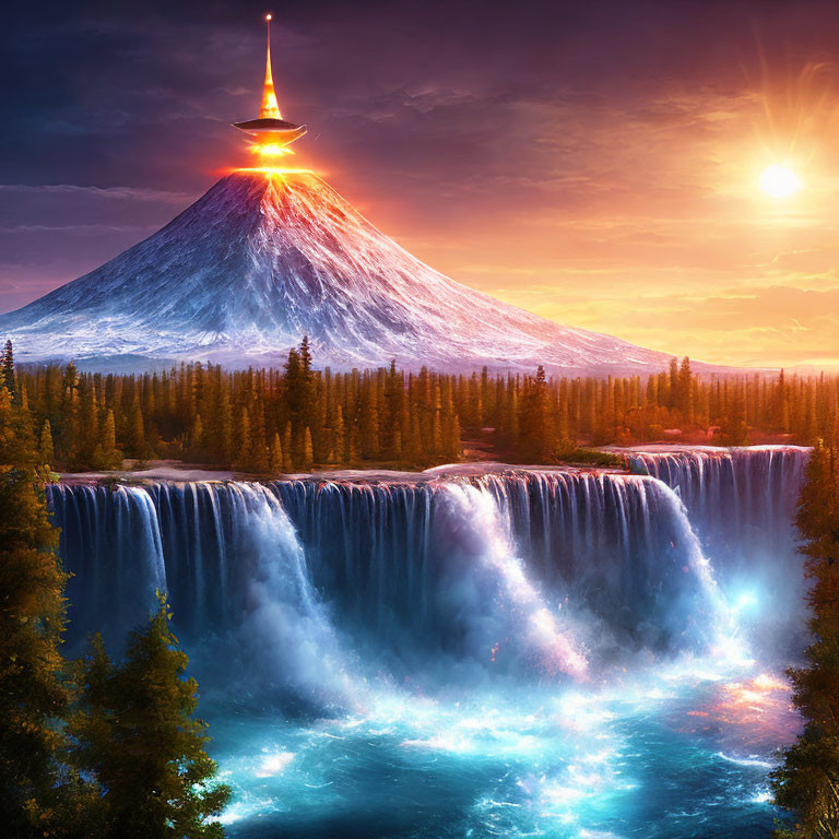 Surreal landscape with luminous waterfall, forest, and glowing volcano