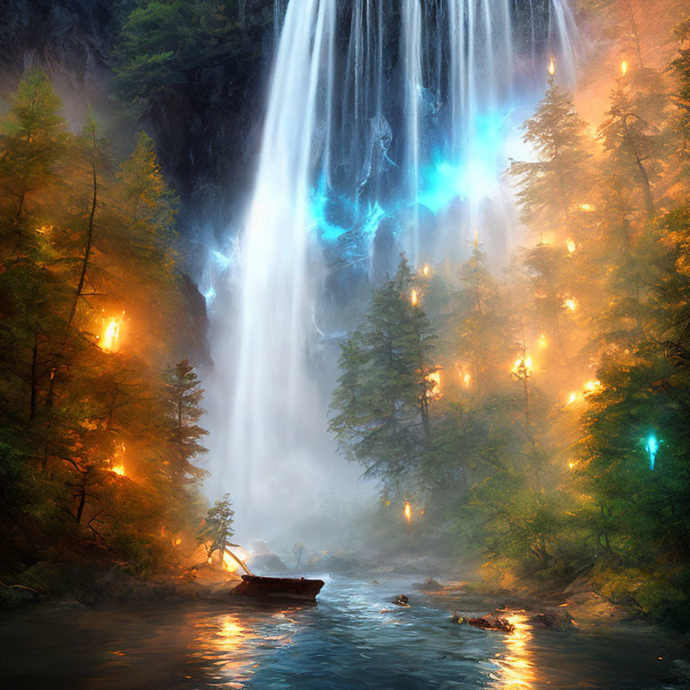 Enchanted forest with mystical glowing blue waterfall